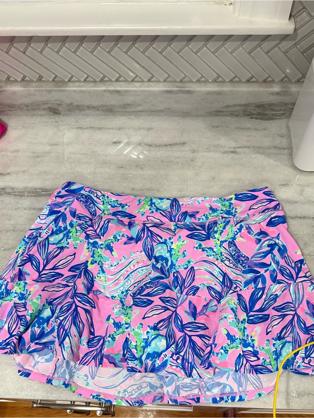 Lilly Pulitzer Pink Floral Circle Skirt with Blue Leaf Print